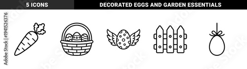 Easter holiday celebration elements in chunky monoline style. Festive spring symbols featuring decorated eggs, wicker basket, garden fence, and fresh carrot.