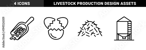Agricultural production and livestock farming elements for supply chain infographics. Technical monoline pictograms featuring broken eggshell, grain scoop, storage silo, and hay pile.
