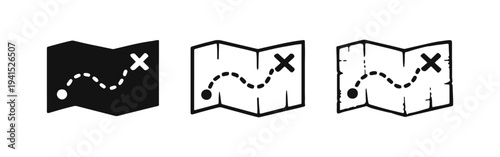Map icon set with treasure path from start point to X mark, route, navigation, search and discovery