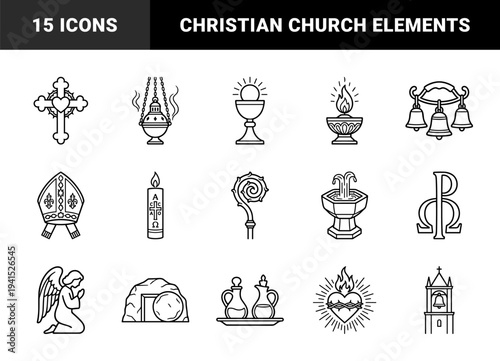 Christian religious symbols and liturgical items for ecclesiastical design. Traditional monoline pictograms featuring catholic sacraments and spiritual worship elements.