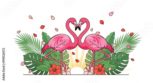 Vector illustration of two pink flamingos with tropical leaves and flowers