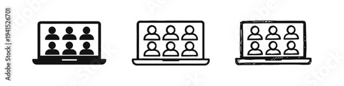 Online video conference meeting icon set with laptop and user profiles, virtual team, remote work