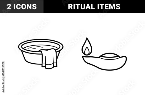 Islamic ritual purification and traditional lighting elements for religious design. Minimalist monoline pictograms featuring a wudu wash basin and oil lamp.