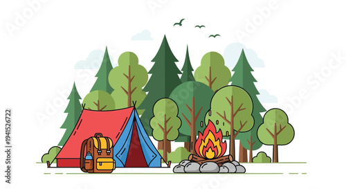 Vector illustration of a camping scene with tent and campfire