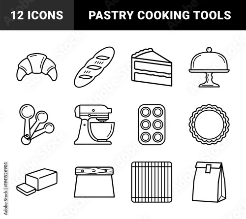 Bakery and pastry preparation elements for culinary branding. Professional monoline outline symbols featuring bread, cake, and kitchen equipment assets.