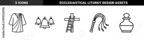 Christian passion and crucifixion religious symbols for liturgical design. Technical monoline pictograms featuring the seamless robe, bells, cross with ladder, ointment jar, and flagellum.