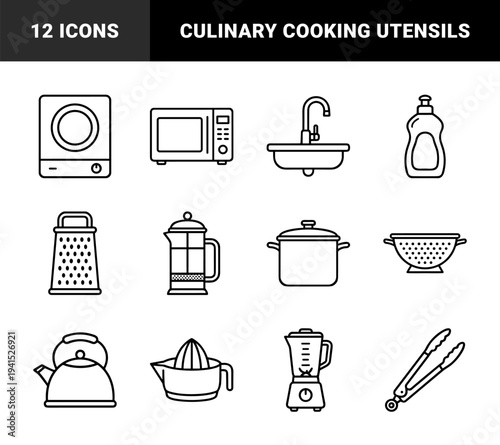 Kitchen culinary equipment and food preparation tools for restaurant branding. Technical monoline pictograms featuring essential cooking appliances and utility utensils.