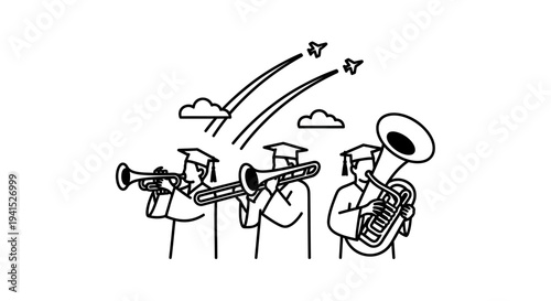 Graduation Band Playing Music with Airplanes Flying Overhead