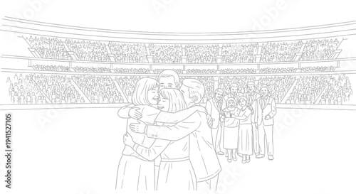 Happy Family Hugging at Sports Stadium Event with Cheering Crowd Background