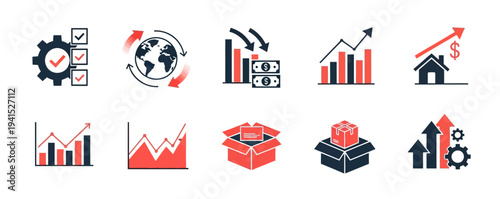 Set of business and finance flat vector icons showing global economic growth and logistics concepts