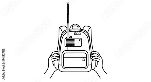 Hands holding backpack with radio and antenna, communication concept
