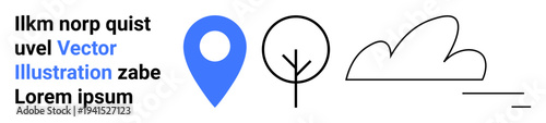 Navigation, environmental awareness, travel, minimalism, weather, location design. Blue pin, simple tree abstract cloud and straight line design. Navigation and environmental awareness concept