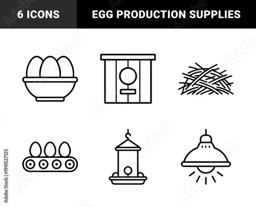 Poultry farming and egg production supply chain elements. Minimalist monoline pictograms for agricultural business and livestock management systems.