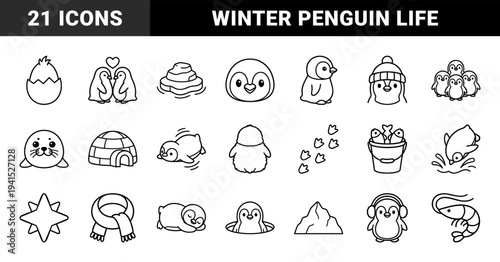 Antarctic wildlife and penguin life cycle elements for educational materials. Playful monoline pictograms featuring arctic birds and winter habitats.