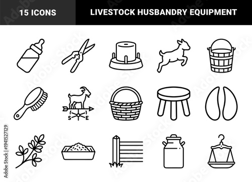 Goat farming and livestock husbandry elements for agricultural branding. Minimalist monoline pictograms featuring dairy production and animal care equipment.