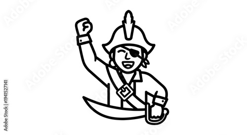 Happy Pirate Character with Eyepatch and Sword, Cheering