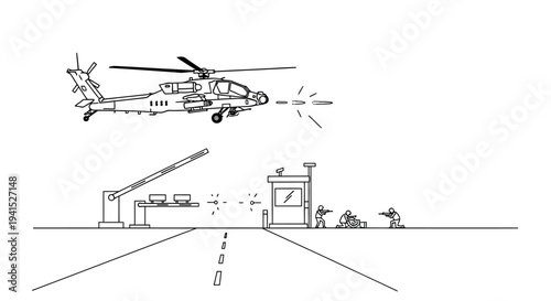 Helicopter Attack on Checkpoint: Military Action, Security Breach, Combat Scene