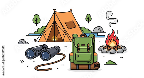 Set of 1 cartoon camping icons vector