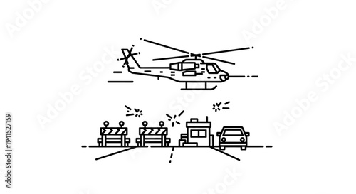 Helicopter flying over road construction with traffic barriers and car