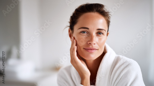 Woman self-massage face anti-aging wrinkle reduction portrait smiling. Female facial skincare beauty wellness routine. Healthy glowing skin natural freckles fresh radiant bathrobe home spa relaxation.