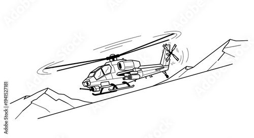 Helicopter Landing on Steep Mountain Slope, Military Aircraft in Rough Terrain