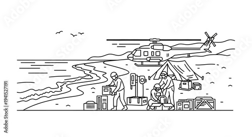 Helicopter delivering aid supplies to a remote beach camp, humanitarian assistance