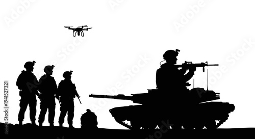 Military drone surveillance with soldiers and tank silhouette on white background