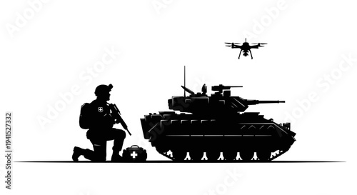 Military drone surveillance over soldier and tank, tactical warfare concept