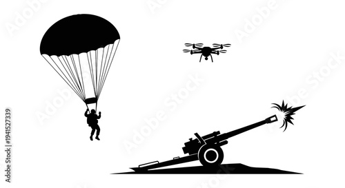 Military Drone, Paratrooper, and Artillery Cannon Firing
