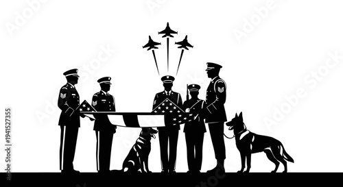 Military Funeral Honor Guard with Flag and Fighter Jets Flyover