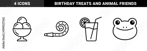 Summer celebration and childhood party elements featuring a party blower, ice cream sundae, refreshing lemonade, and a friendly frog character in monoline aesthetic.