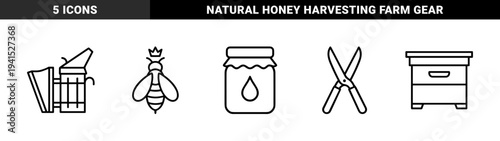 Beekeeping and apiculture industry equipment for honey production. Technical monoline linear elements featuring hive, smoker, queen bee, and garden shears.