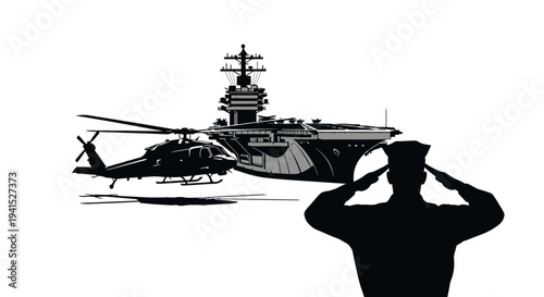 Military Helicopter and Aircraft Carrier with Saluting Soldier Silhouette