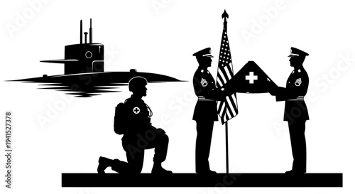 Military Funeral Ceremony with Submarine and Soldier Kneeling