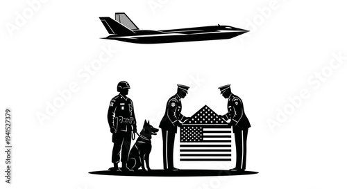 Military Funeral Honor Guard with Flag, K9 Unit, and Jet Flyover