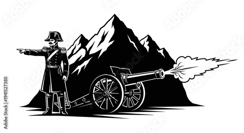 Military General Directing Cannon Fire in Mountains