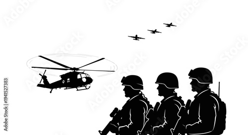Military helicopter and fighter jets fly over soldiers in silhouette