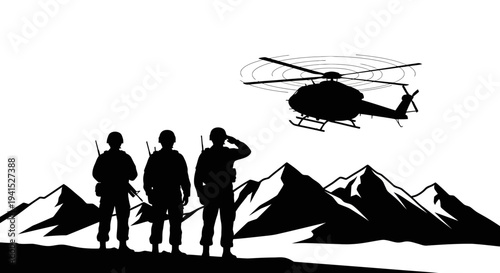 Military helicopter flies over soldiers saluting against a mountain backdrop