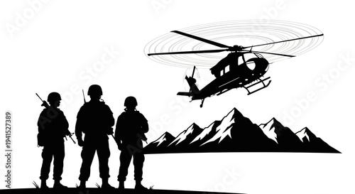 Military Helicopter Landing Near Soldiers and Mountains Silhouette
