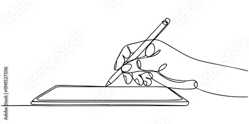 Abstract line art of hand drawing on digital tablet. None editable stroke, One continuous single drawing line art flat doodle hand, tablet, technology, screen, holding, touch screen, digital, mobile