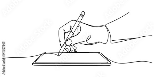 Abstract line art of hand drawing on digital tablet. None editable stroke, One continuous single drawing line art flat doodle hand, tablet, technology, screen, holding, touch screen, digital, mobile