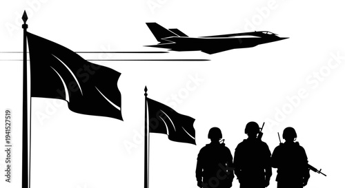 Military Jet Flies Over Soldiers and Flags - Silhouette of Air Force Power and Patriotism