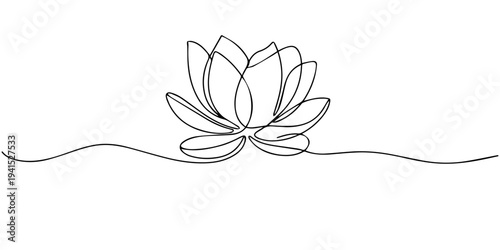 lotus flower continuous one line drawing, Continuous one line drawing of a lotus flower with many petals. Drawing of a floral plant with editable black stroke on white background. Vector illustration.