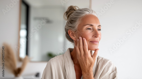 Mature woman with silver gray hair touching face, skincare routine at home. Natural beauty aging gracefully, facial massage anti-aging treatment, luxury wellness self-care empowerment lifestyle.