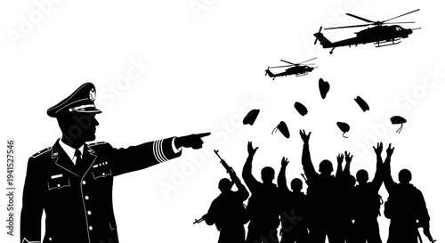 Military Leader Directs Helicopters Dropping Supplies to Cheering Crowd