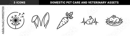 Spring nature and wildlife symbols featuring rabbit anatomy and organic growth. Technical monoline linear elements for seasonal branding and veterinary services.