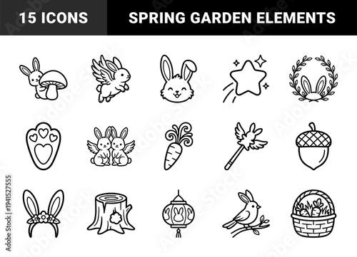 Easter bunny and spring garden elements in a whimsical monoline aesthetic. Cute rabbit characters with floral wreaths and seasonal gardening tools for nursery decor.