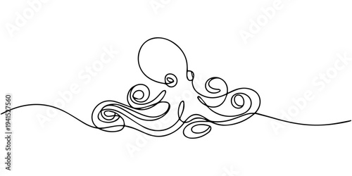 One line of cephalopod. Marine animal concept continuous line art. one line Art icon drawing, Octopus continuous one line drawing vector illustration. one line Icon drawing with white background