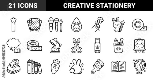 Art and craft supplies for creative education and scrapbooking. Minimalist monoline doodles featuring stationery, cute bunny characters, and school accessories.