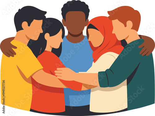 Group of Friends Hugging Each Other Flat Illustration.